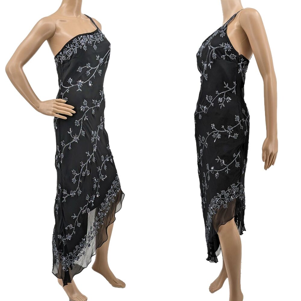 Vintage 1990s y2k Scala Evening Dress Mini Black Floral Beaded Fairycore Siren M - Picture 2 of 14